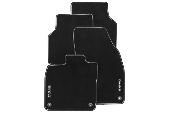 Covorase Textile Fata si Spate Skoda Enyaq - Set 4 Bucati, Negru cu Inscripție Enyaq - CarFun.ro - Accesorii Originale
