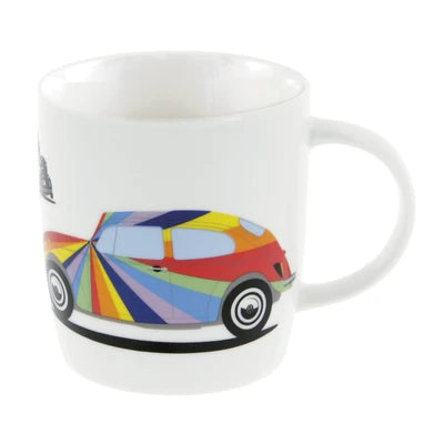 Cana mare originala Volkswagen design Beetle alb cu flori New Bone China