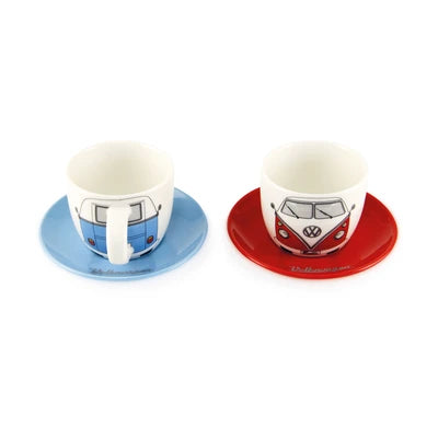 Set 2 cesti espresso Klang und Kleid Albastru Rosu cu motiv VW Bulli - vedere fata si spate