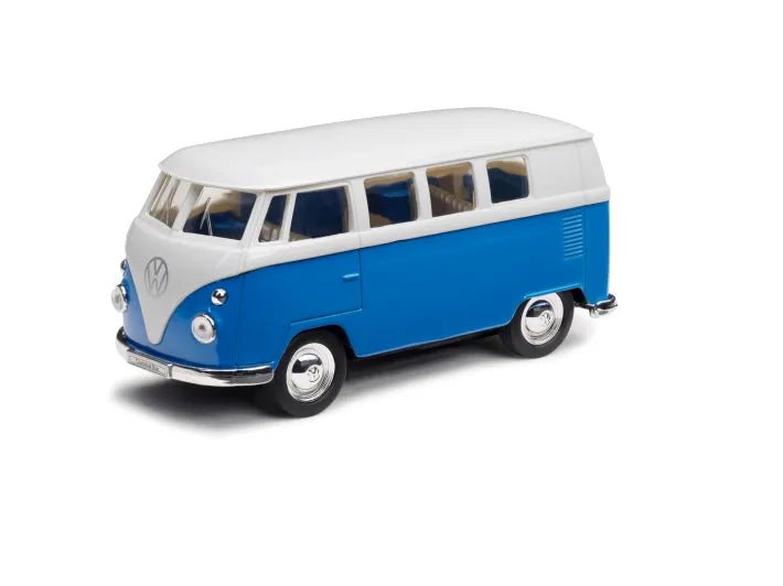 Masinuta T1 Volkswagen cu usi mobile si functie pull - back – 12 cm, albastru - alb, Welly - CarFun.ro - Accesorii Originale
