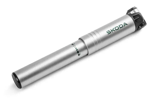Pompa bicicleta din aluminiu Skoda, 120 PSI, argintiu cu logo verde smarald - CarFun.ro - Accesorii Originale
