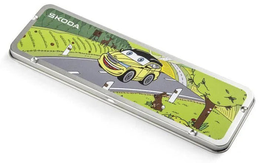 Set Creioane Colorate Skoda in Cutie Metalica cu Motiv pentru Copii - CarFun.ro - Accesorii Originale
