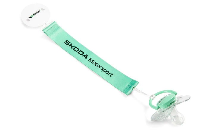 Suzeta Skoda Motorsport RS 0 - 6 luni cu lant si clip – silicon BPA free, electric green, set cu etui - CarFun.ro - Accesorii Originale